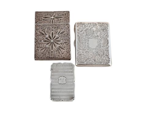 
	
		THREE SILVER CARD CASES
		To include: a Victorian card case by Nathaniel Mills, Birmingham 1845, with engine turned deco
