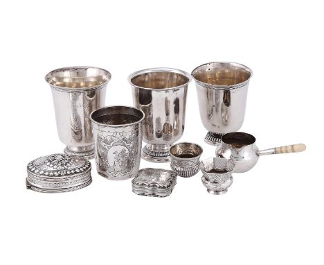 
	
		A COLLECTION OF SILVER COLOURED ITEMS
		To include: a French silver beaker, Paris 1798 - 1809 .950 standard, engraved LG