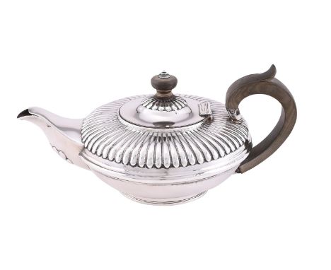 
	
		A WILLIAM IV SILVER CIRCULAR HALF LOBED TEA POT
		CHARLES FOX II, LONDON 1832
		With a wood finial and loop handle, on a