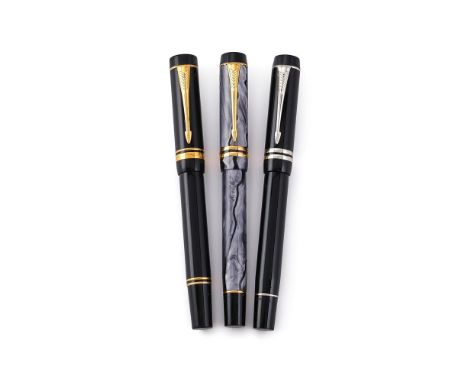 
	
		PARKER, DUOFOLD 
		THREE FOUNTAIN PENS 
		Cap and Barrel: The black and grey pearlescent marbled resin cap and barrel, w