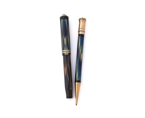 
	
		PARKER, LUCKY CURVE, TRUE BLUE
		A BLUE AND WHITE RESIN FOUNTAIN PEN AND PENCIL, CIRCA 1928 
		Cap and Barrel: with colo