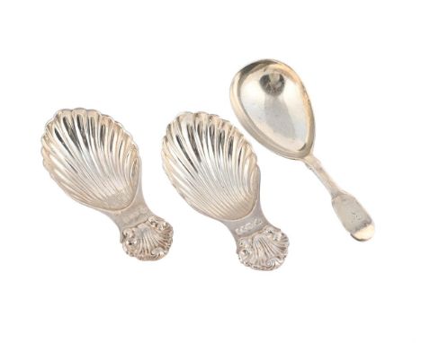
	
		THREE SILVER CADDY SPOONS
		To include: a shell pattern caddy spoon by A. Chick &amp; Sons Ltd., London 1979, with a she