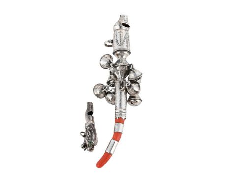 
	
		Y&nbspA SILVER AND CORAL RATTLE
		MAKER&#39;S MARK WB ONLY
		Engraved with foliate swags and SH, suspended with eight be