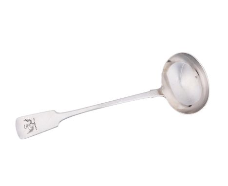 
	
		A WILLIAM IV SILVER FIDDLE PATTERN SOUP LADLE
		GEORGE TURNER, EXETER 1831
		Engraved with a crest 
		35cm (13 3/4in) lo