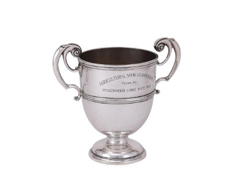 
	
		A SILVER TWIN HANDLED TROPHY CUP
		GOLDSMITHS &amp; SILVERSMITHS CO. LTD., LONDON 1911
		With twin leaf capped flying sc