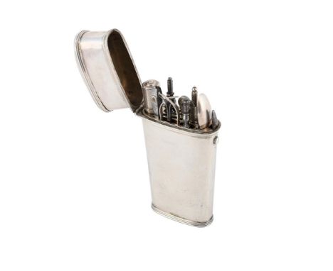 
	
		A SILVER COLOURED ETUI
		UNMARKED
		Engraved I*B beneath, opening to twelve tools
		9.5cm (3 3/4in) high
		
		Condition 