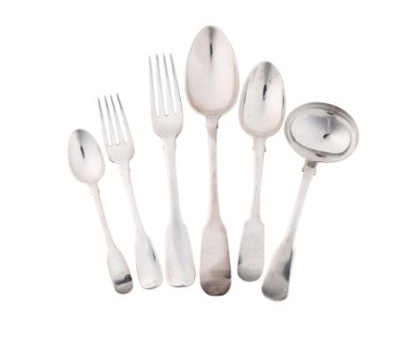 
	
		A GEORGE III MATCHED SILVER FIDDLE PATTERN TABLE SERVICE
		VARIOUS MAKERS AND DATES
		To include:
		
		Eighteen table fo