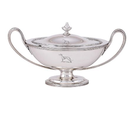 
	
		A GEORGE III SILVER OVAL SAUCE TUREEN
		JOHN SCHOFIELD, LONDON 1789
		With an urn shaped finial to the domed cover, twin