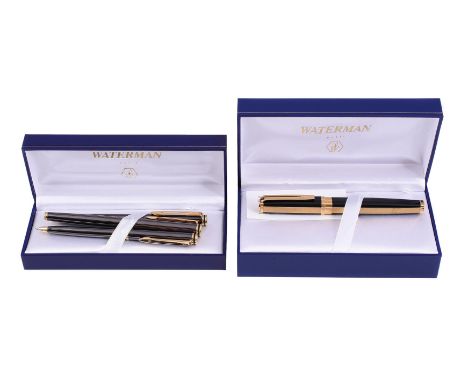 
	
		WATERMAN, EXCEPTION, NIGHT AND DAY 
		A RESIN AND GILT METAL FOUNTAIN PEN 
		Cap and Barrel: black resin and straited gi