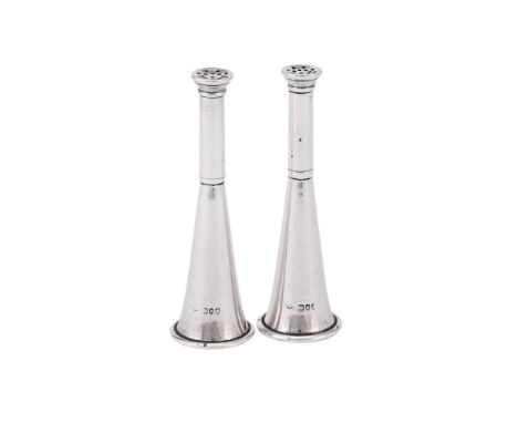 
	
		A PAIR OF VICTORIAN SILVER HUNTING HORN PEPPERETTES
		JOSEPH BRAHAM, LONDON 1895
		12cm (4 3/4in) high
		135g (4.35 oz) 