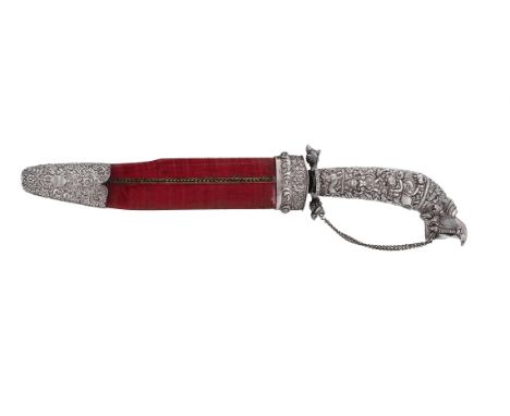 
	
		A CEYLONESE SILVER MOUNTED HUNTING KNIFE
		CIRCA 1880
		The handle chased with birds, elephants and Hindu deities includ