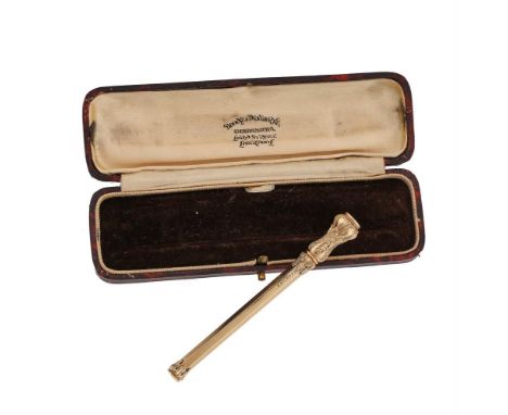 
	
		A GOLD COLOURED PROPELLING PENCIL
		S. MORDAN &amp; CO.
		Chased with foliate decoration and a bloodstone seal matrix
		