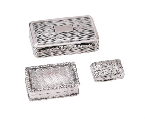 
	
		THREE SILVER VINAIGRETTES
		To include: a George IV rectangular vinaigrette, maker&#39;s mark TS, Birmingham 1829, with 