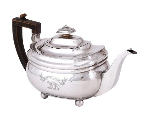 Y&amp;nbspA GEORGE III SILVER OBLONG BALUSTER TEA POT ROBERT METHAM, LONDON 1810 With an oblong finial and ivory collar to th