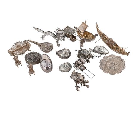 
	
		A COLLECTION OF MINIATURE SILVER COLOURED ITEMS
		To include: a Chinese silver coloured dragon menu holder, unmarked, 13