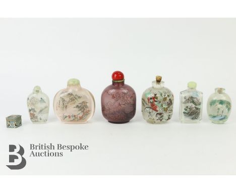 Six Chinese snuff bottles, inside painted, 20th century, four bottles are painted with landscape scenes, one with a battle sc