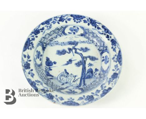 Blue and white Chinese bowl, 18th century. The bowl having a foliate border enclosing a central scene painted with deer seate