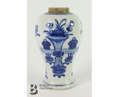 Chinese blue and white baluster vase, circa 1690, Kangxi (1622-1722), painted with ribbon-tied precious objects, approx 15.75