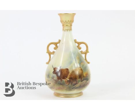 Harry Stinton for Royal Worcester, finely painted Highland cattle, approx 15 cms h. The vase having blush-ware handles and ne