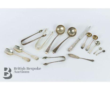 Miscellaneous silver flatware, including two George III silver ladles London hallmark dated 1799 approx 97 gms; Georgian suga