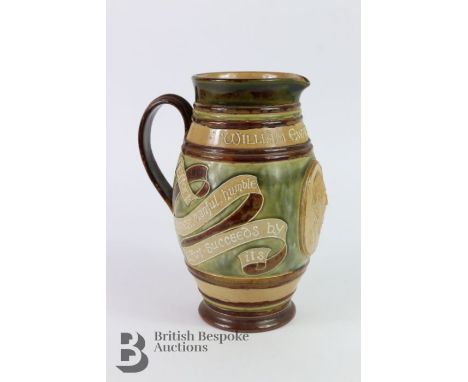 Doulton Lambeth ale jug, William Ewart Gladstone, approx 23 cms h, with a profile portrait to the body of the jug and epithet