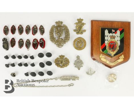 Irish Police army badges, with an Irish Constabulary metal whistle A R/Ulster Constabulary (L) Division plaque with many othe
