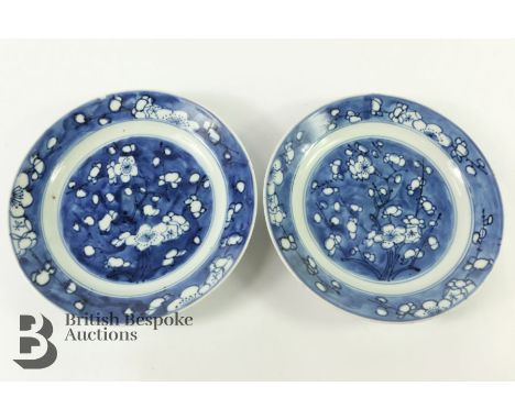 Two antique Chinese blue and white dishes, painted with prunus blossom, approx 15.5 cms. Note: William Booth (1856-1928) coll
