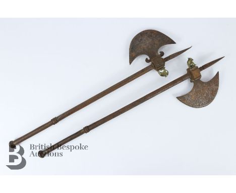 Pair of Indian miniature axe, 19th century, the axe bases unscrew to reveal a spike, having a brass elephant to the axe promi