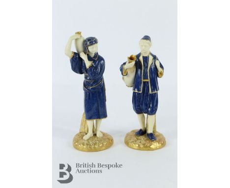 Early 20th century Royal Worcester porcelain figurines - Eastern water carriers, approx 20 cms h, modelled by James Hadley, h