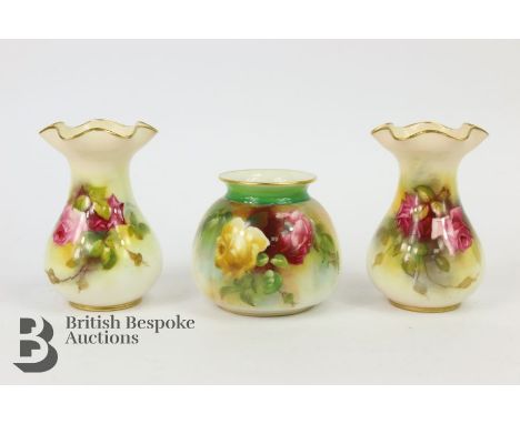 Royal Worcester vases, finely painted with rose blooms, M.Hunt and E. Spilsbury, shape 2492 approx 11 cms, together with a me