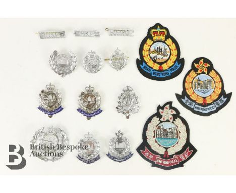 Royal Hong Kong Police insignia, including hat and pouch badges mostly Elizabeth II period, cloth and metal items, viewing hi