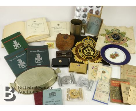 Various items of militaria including books on the Army Service Corps, The Kings Royal Rifle Corps x 2, much silk embroidery t