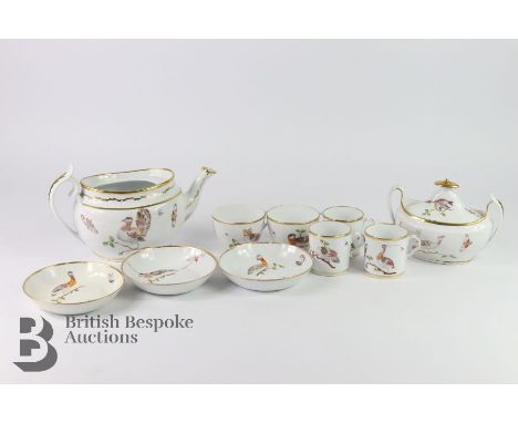 Spode part coffee and tea service, 19th century, painted and lustered on the gilt lined white ground with birds and insects, 
