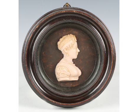 A 19th century tinted wax relief profile portrait of 'H.R.H. Princess Charlotte of Wales', indistinctly signed 'Picke?', heig