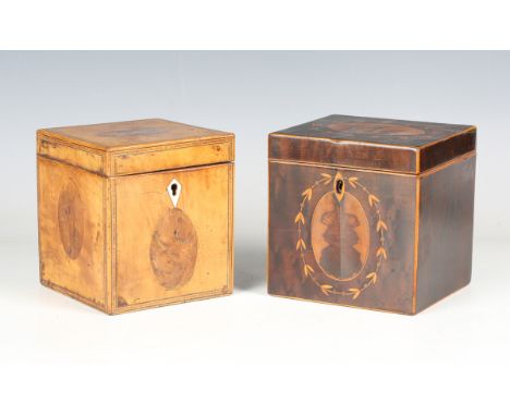 A George III burr fruitwood tea caddy with tulipwood crossbanding and oval yew reserves, width 10.5cm, together with a George