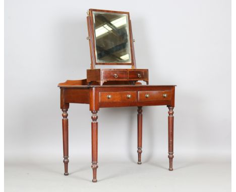 A late Victorian mahogany side table, fitted with two frieze drawers, on turned legs, height 71cm, width 91cm, depth 46cm, to