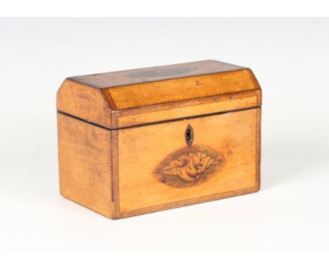 A George III satinwood tea caddy with inlaid urn and shell paterae, within tulipwood crossbanding, the canted lid enclosing t