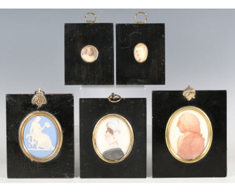 A group of mainly 19th century portrait miniatures, including a jasperware plaque, a printed portrait of a gentleman, photogr