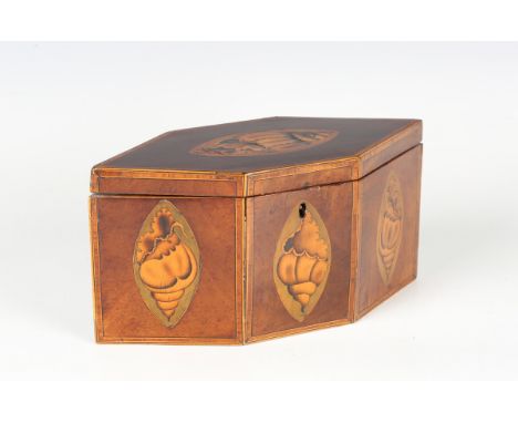 A George III mahogany tea caddy of navette form, the hinged lid and sides inlaid with shell paterae within tulipwood crossban