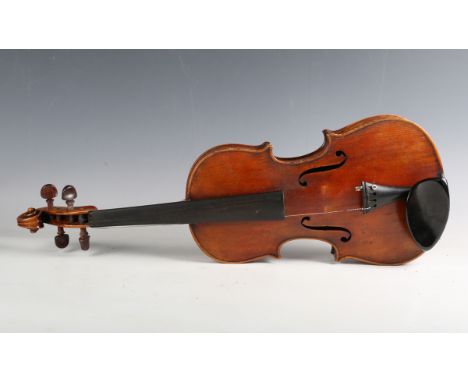 A violin with striped two-piece back, bearing interior label detailed 'Joseph Guanerius Fecit...', length of back excluding b