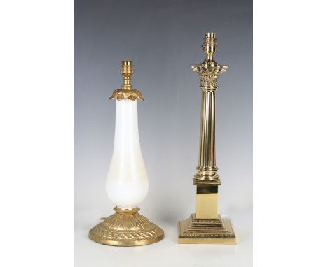 A 20th century gilt metal and opaline glass table lamp, height 40cm, together with a late 20th century gilt brass Corinthian 