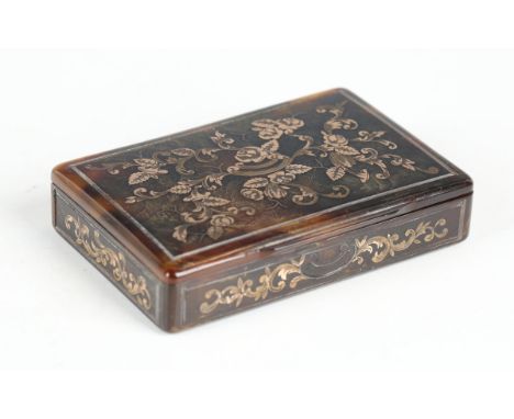 A George III tortoiseshell rectangular snuff box, the hinged lid and sides inlaid with gilt metal flowers and leaf sprays, wi