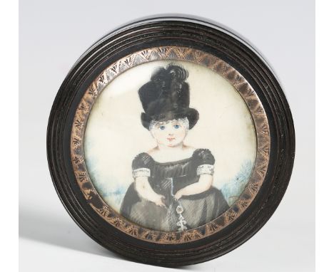 A 19th century tortoiseshell cylindrical snuff box and cover, the lid inset with a watercolour on ivory portrait miniature of