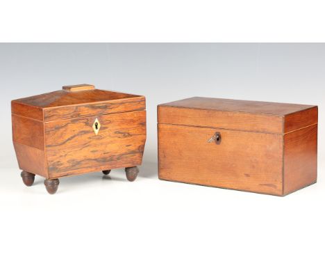 A Regency rosewood tea caddy of sarcophagus form, raised on turned acorn feet, width 19cm, together with a George III cedar t
