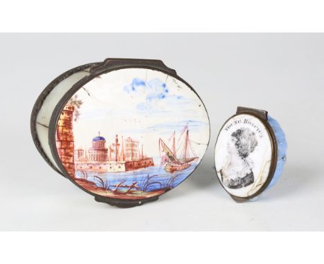 A George III South Staffordshire enamel and mother-of-pearl oval box, the lid painted with a city harbour, the mother-of-pear