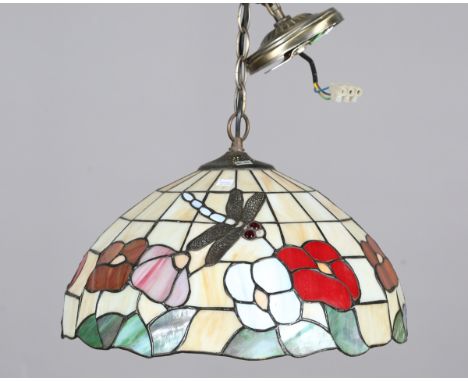 A modern Tiffany style leaded and stained glass ceiling light, detailed with dragonflies and flowers, diameter 40cm.Buyer’s P