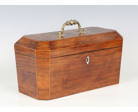 A late George III rosewood tea caddy with boxwood stringing and foliate cast brass handle, width 35cm (lacking one canister a