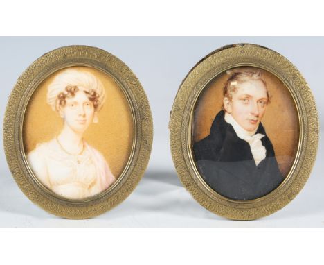 William John Thompson - a pair of 19th century watercolour on ivory portrait miniatures, depicting a lady and gentleman, 7.5c