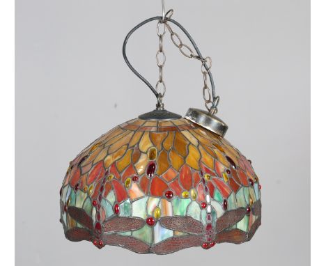 A modern Tiffany style leaded and stained glass ceiling light of domed form, detailed with dragonflies, diameter 40cm.Buyer’s