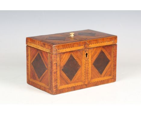 A George III kingwood and parquetry veneered tea caddy, the hinged lid and sides with burr yew lozenge reserves within crossb